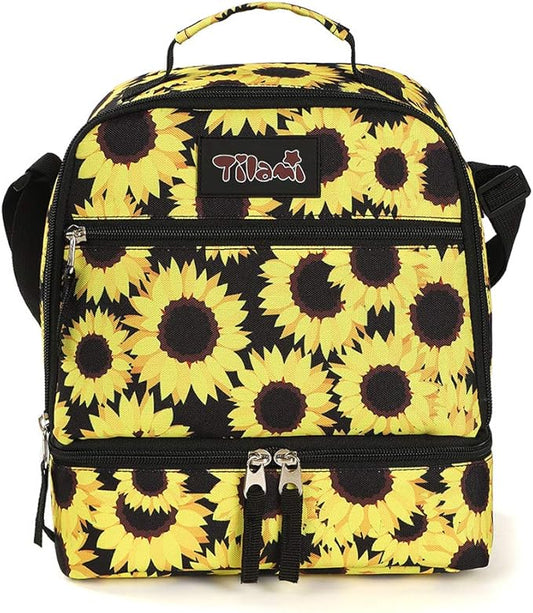 Tilami Lunch Bags Insulated Adjustable Strap Zipper, Two Compartments Cooler Bags, Bento Bags for Kids Toddlers, Sunflower