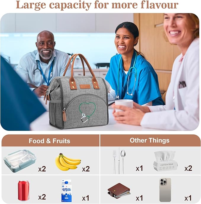 LOKASS Nurse Lunch Bag for Women, Embroidered Lunch Box with Special Nursing Design, Insulated Lunch Tote Ideal for Nurse Gifts, Neutral Grey