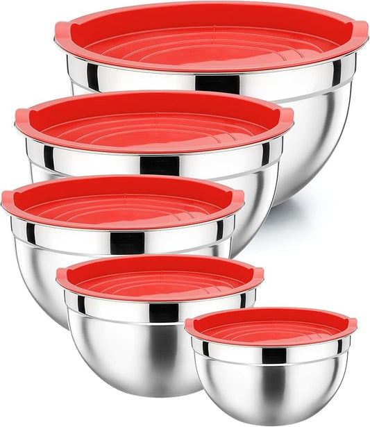 P&P CHEF Mixing Bowl with Lid Set of 5, 10-Piece Stainless Steel Nesting Salad Bowl Set for Prepping, Mixing and Serving, Size 4.6, 3, 1.5, 1, 0.7 QT, Rimmed Edges & Flat Base, Red