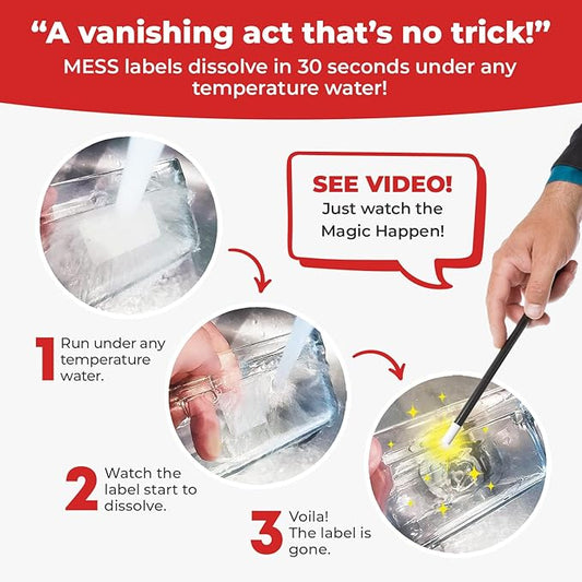 MESS Dissolvable Food Labels, 2x3, 300/Roll - Dissolves in 30 Seconds or Less - Removable Labels for Mason Jars, Food Containers & Pantry - Ideal for Canning & Freezer Storage