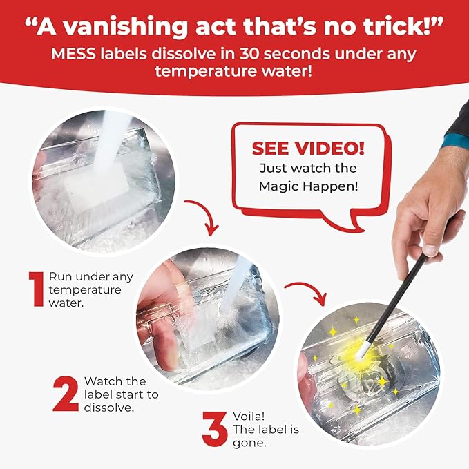 MESS Dissolvable Food Labels, 1x3, 200/Roll - Dissolves in 30 Seconds or Less - Removable Mason Jar Labels – Freezer, Canning & Kitchen Organization