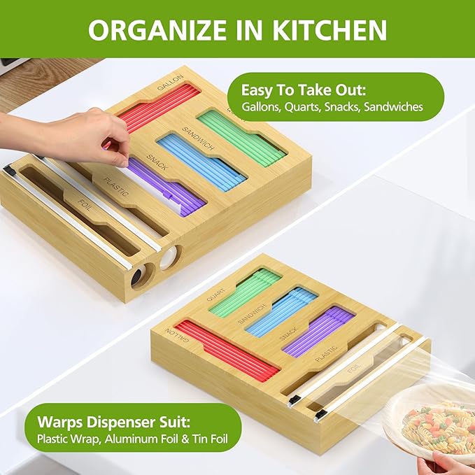 Bag Storage Organizer for Kitchen Drawer, 6 in 1 Foil and Plastic Wrap Dispenser with Cutter, Bamboo Plastic Bag Food Baggie Organizer for Gallon, Quart, Sandwich, Snack