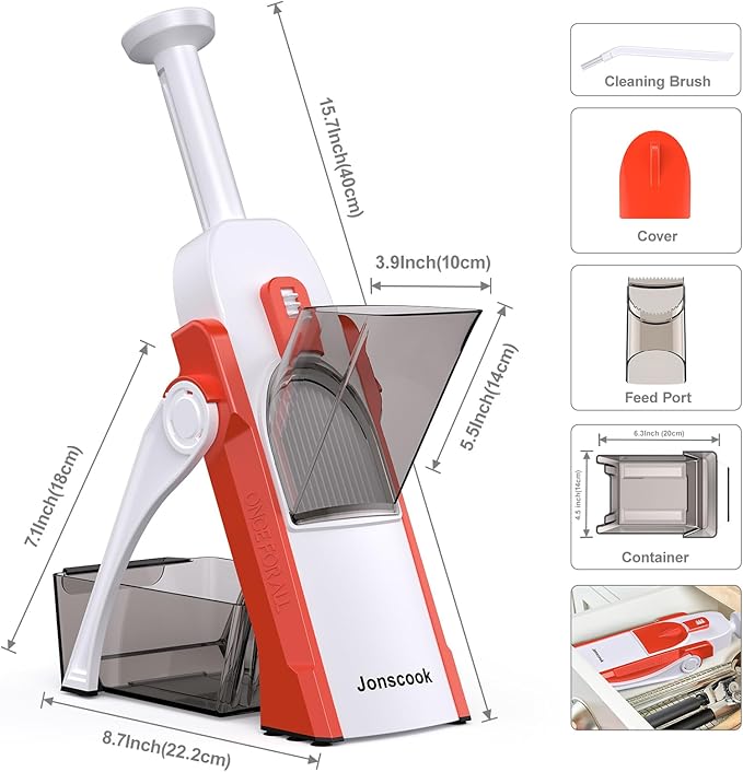 Safe Mandoline Slicer for Kitchen, Adjustable Thickness 0.1-8 mm, 5 in 1 Multi Vegetable Chopper, Potato Slicer, Food Chopper French Fry Cutte, Paring Knife/Cleaning Brush, Mandolin (Tropical orange)