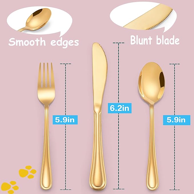 LIANYU 12-Piece Gold Kids Silverware Set, Stainless Steel Toddler Utensils Flatware Set, Child Cutlery Tableware for 4, Include Knife Fork Spoon, Mirror Finished, Dishwasher Safe