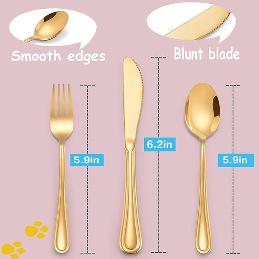 LIANYU 12-Piece Gold Kids Silverware Set, Stainless Steel Toddler Utensils Flatware Set, Child Cutlery Tableware for 4, Include Knife Fork Spoon, Mirror Finished, Dishwasher Safe