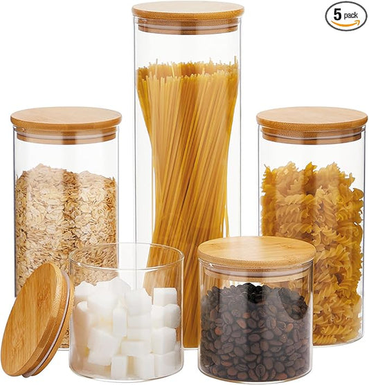 Glass Food Storage Jars with Lids[Set of 5], Perfect for Pasta, Cookies, Nuts, Coffee, Cereal, Flour, and More, Organize Your Kitchen and Pantry with these BPA-Free Glass Canisters