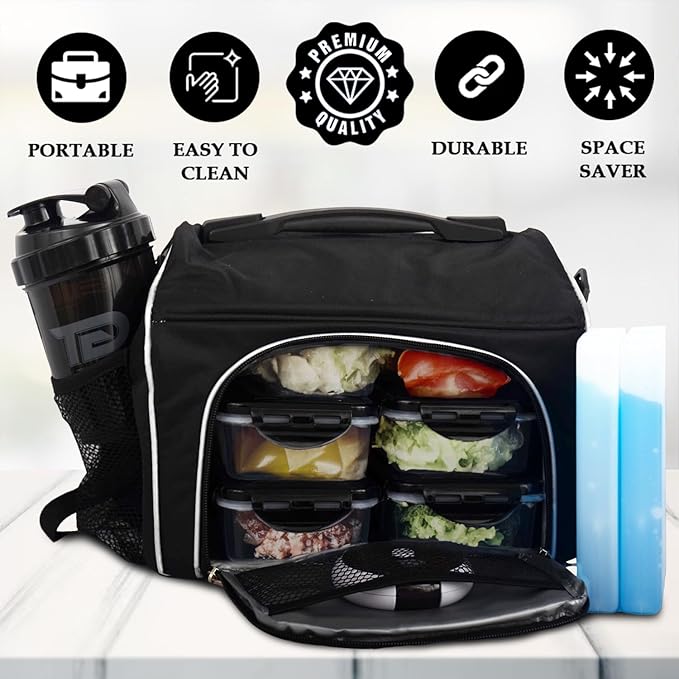 Meal Prep Bag Insulated Lunch Meals Bag W/6 Portion Control Containers,2 ICE PACKS, Shaker, Pill Box,With an Adjustable shoulder. bag for meals (Black)