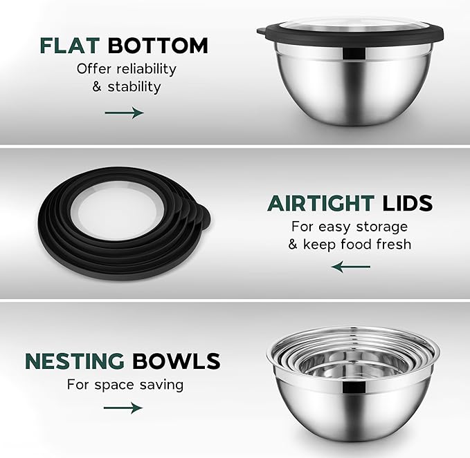 Stainless Steel Mixing Bowls with Black Lids Metal Nesting Mixing Bowl Set of 5 - Size 1.5, 2, 2.6, 3.5, 4.6QT