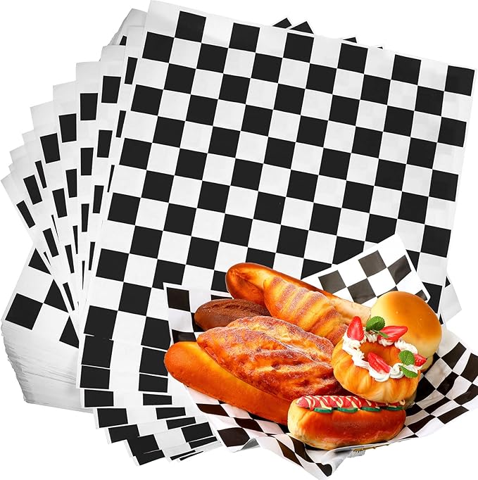 Honeydak 600 Pcs Sandwich Wrapping Paper Sheet 15x15 Checkered Food Wax Sheets Parchment Paper Basket Liner Grease Restaurant Wedding Party Supplies for Wrapping Bread Burgers(Black)