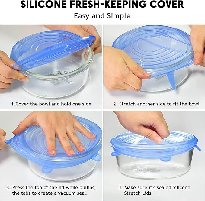 12 PCS Reusable Stretch Silicone Lids for Food Storage, Heat-Resistant Silicone Bowl Covers for Cup, Cans, Jars, Universal Food Grade Silicone Lid for Round Container (6 Different Sizes)