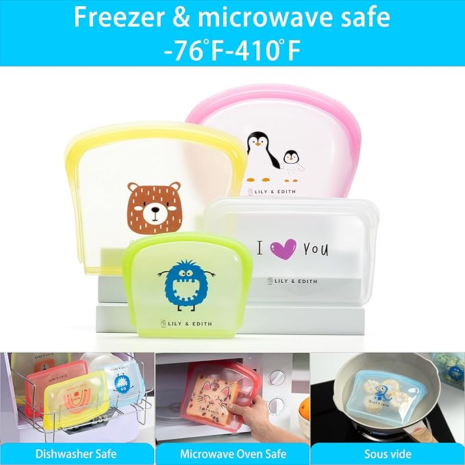 LILY & EDITH Silicone Reusable Snack Bags Dishwasher Microwave Freezer Safe, BPA Free, Leakproof Reusable Food Storage Bags, Plastic Free Snack Pouch, Accessory bag, Portable 400ml(Green)