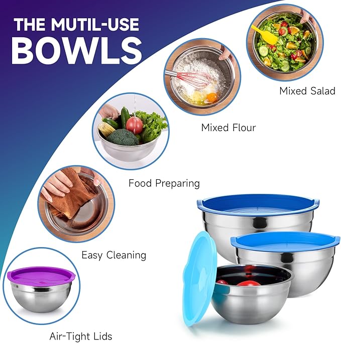 Mixing Bowls Set of 5,Stainless steel Nesting Bowls with Airtight Lids,Size 5, 4, 3.5, 2, 1.5QT for Baking,Cooking,Prepping and Saving Food (BLUE, 25PCS)