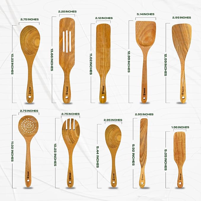 10 Pcs Wooden Spurtle Set - Safe for Nonstick Cookware - Stirs Like a Spoon, Flips Like A Spatula - 100% Natural Acacia Wood Cooking Utensils Set - Spurtles Kitchen Tools Wooden As Seen On TV Paddle