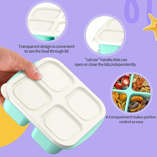 Bento Lunch Box for Kids (4 Pack) - 4-Compartment Salad Container for Lunch, Reusable BPA-Free Food Prep Containers, Snack Container for School, Work, and Travel (White Lid)