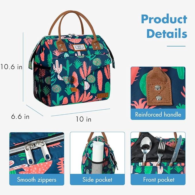 Lekesky Lunch Bag Lunch Box for Women Men Reusable Insulated Lunch Tote Bag, Leakproof Thermal Food Handbags for Travel, Cactus