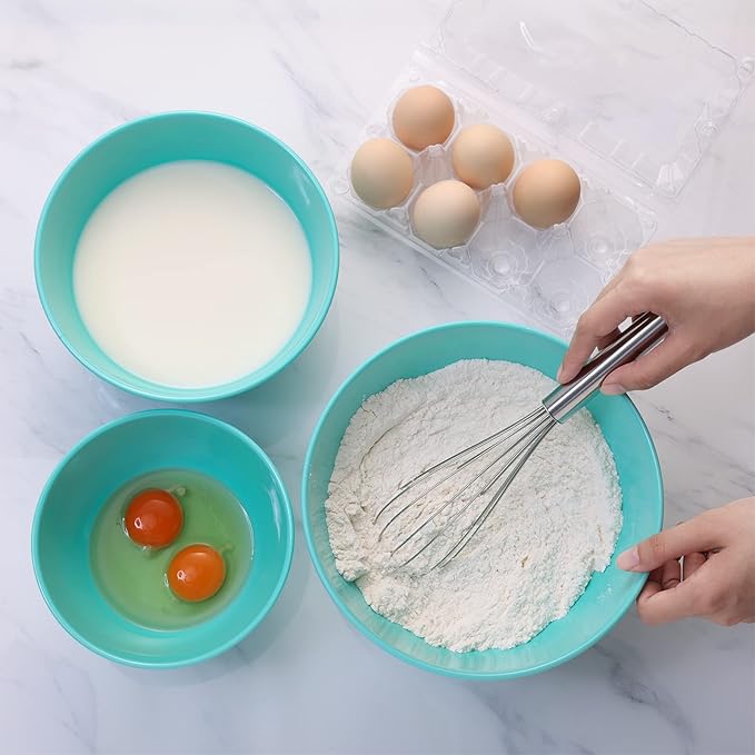 TP Mixing Bowls with Lids, 6-Piece Nesting Melamine Bowls Set for Prepping Serving Baking Cooking, Non Slip Bottom, Set of 3, Glossy Marbled Turquoise