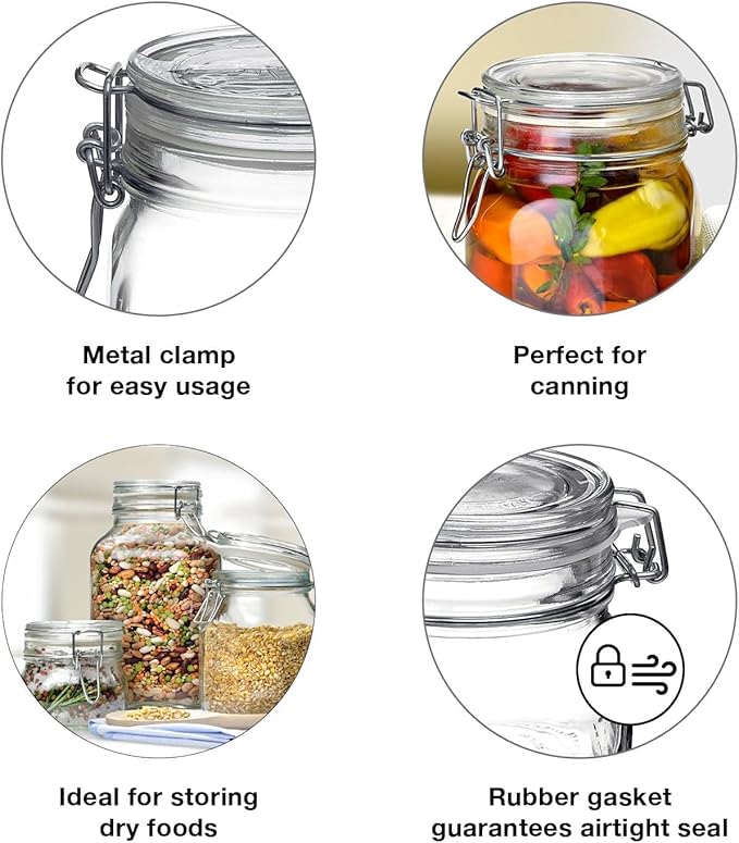 Bormioli Rocco Fido Wide Mouth Squared Glass Jar with Airtight Gasket Clamp Lid for Canning and Food Storage, Clear Top, 50.75 oz.