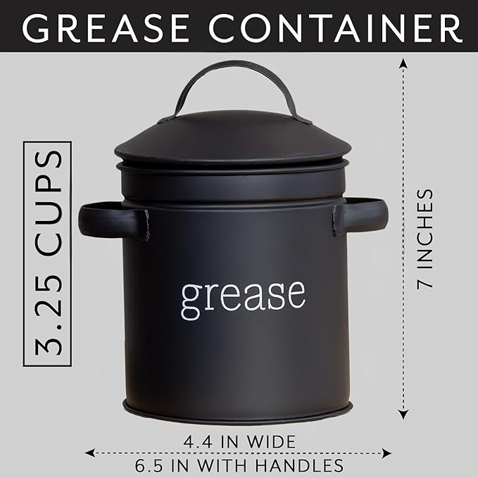 AuldHome Design Enamelware Grease Container w/Strainer (Black), Farmhouse Style Kitchen StorageTin, Labeled “Grease”
