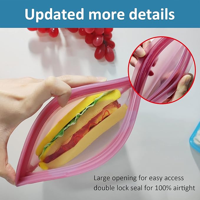 KVK Platinum Reusable Silicone Bags - 4 Pack Flat Silicone Snack Bags - Double Lock Leakproof Silicone Food Storage Bags Oven Freezer Dishwasher Safe - Clear&Lavender