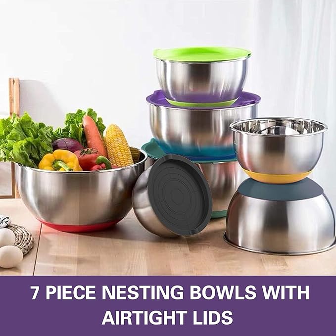 Bowls with Airtight Lids, 20 piece Stainless Steel Metal Nesting Bowls, Non-Slip Colorful Silicone Bottom, Size 7, 3.5, 2.5, 2.0,1.5, 1,0.67QT, Great for Mixing, Baking, Serving