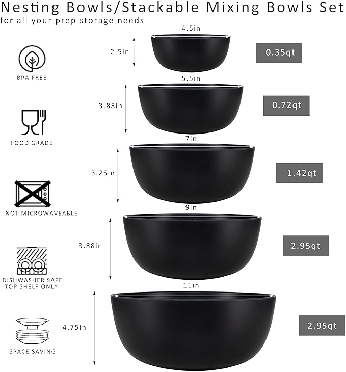 LEHAHA Bamboo Fiber Melamine Mixing Bowls, Set of 5, Nested Kitchen Bowls Set, Large Stackable Serving Bowls for Kitchen, Storage Bowl Ideal for Prepping, Cooking and Serving Food, Matte Black
