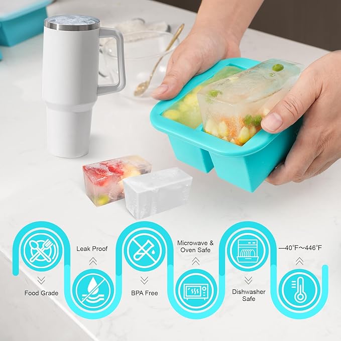 Silicone Freezer Tray with Lid 4 Pack Silicone Freezer Molds Ice Cube Tray Makes 8 Perfect 1 Cup Portions Soup Cubes Meal Prep Containers - Oven & Dishwasher Safe