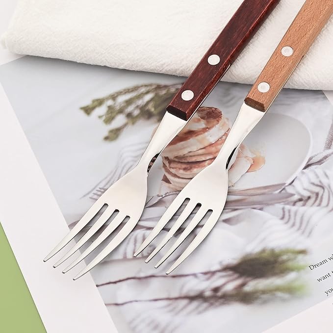 Dinner Forks Set of 8, Uniturcky 304 Stainless Steel Silverware Forks, Table Forks Salad Forks Set, Mirror Polishing Dinner Fork with Wooden Handle, 7.9 Inches