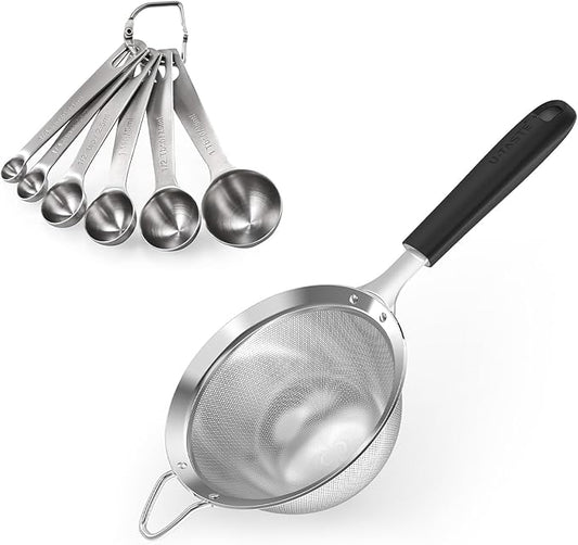 18/8 Stainless Steel Measuring Spoons Set for Dry and Liquid Ingredients (Set of 6), and 4.73in Medium Fine Mesh Strainer with Sturdy Riveted Silicone Handle and Strong Frame (Black)