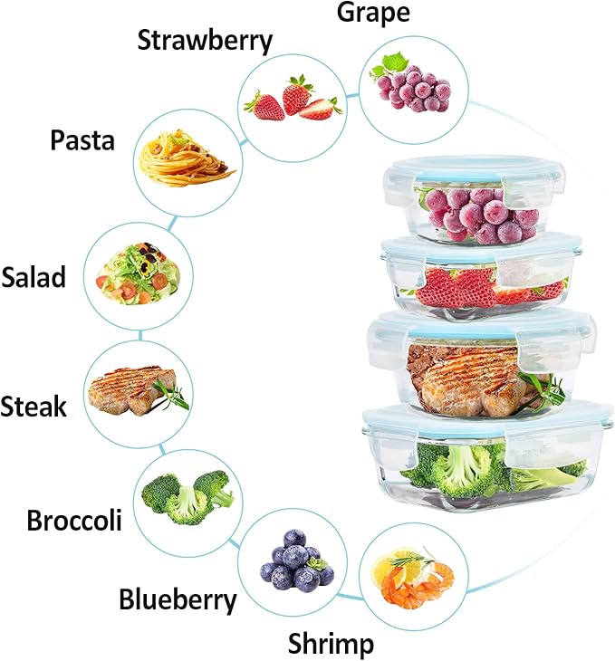 Glass Food Storage Containers With Lids Airtight 6 Pack, Not Easy Broken & Leak Proof, Oven/Dishwasher Safe, Blue