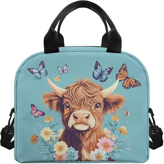 Showudesigns Highland Cow Lunch Bags for Girls 8-10 10-12 Insulated Lunch Box Women Food Cooler Tote Bags with Shoulder Straps Lunchbox Containers Butterfly Travel Bag Picnic Bags