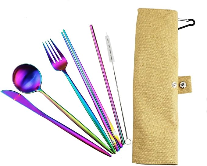 Reusable Travel Utensils, 7 Piece Portable 304 Stainless Steel including Knife Fork Spoon Chopsticks Cleaning Brush Straws Portable Pouch, Eco-friendly Camping Silverware Set, Dishwasher Safe