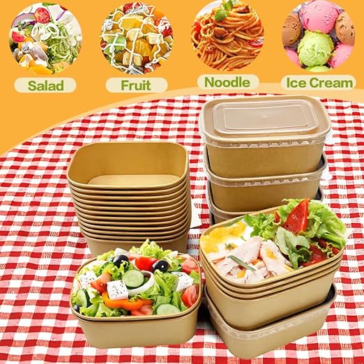 50 Pack Paper Meal Prep Containers with Lids, 20 oz Disposable and Compostable Take out Food Containers Rectangular to Go Kraft Paper Bowls for Leftovers, Salad, Soup, Snack