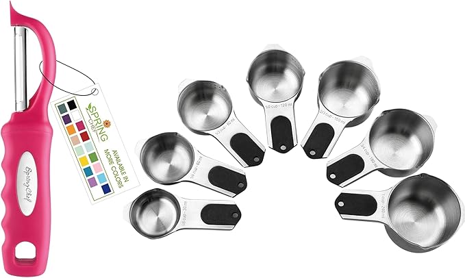 Spring Chef Premium Swivel Vegetable Peeler, Pink & Stainless Steel Magnetic Measuring Cups, Set of 7, Black - 2 Product Bundle