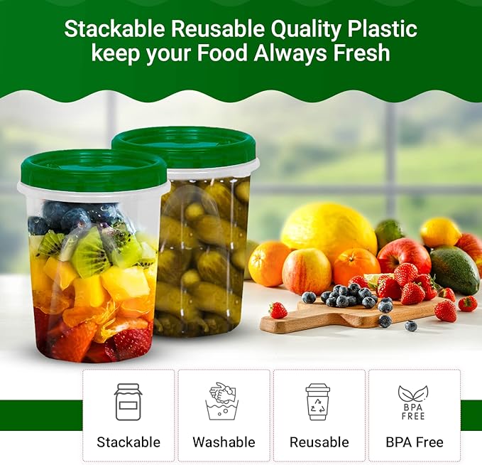 [Green - 12 Pk] Airtight Deli Containers with Lids Twist Lock Top Clear Food Storage for Meal Prep Snacks and Leftovers Freezer and Microwave Safe Stackable Leak-Resistant and 12 Pc. Set (32 Ounce)