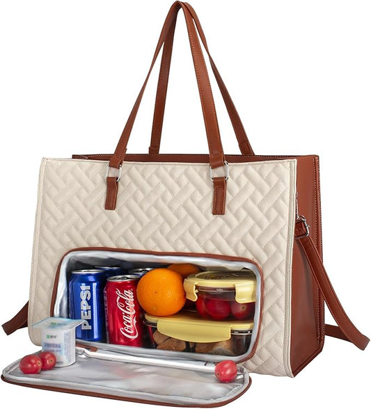 Lunch Tote Bag for Women, 15.6 inch Work Laptop Bag with Insulated Lunch Compartment - PU Leather Quilted Large Computer Handbag with Purse for Office Travel Casual - White