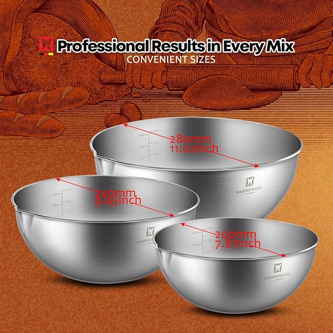 3-Piece Stainless Steel Mixing Bowl Set, Silver Color, Nesting Bowls with Pure Spout, Multipurpose Kitchen Basket, 1.56Quarts/3.17Quarts/4.23Quarts (No Color Added)