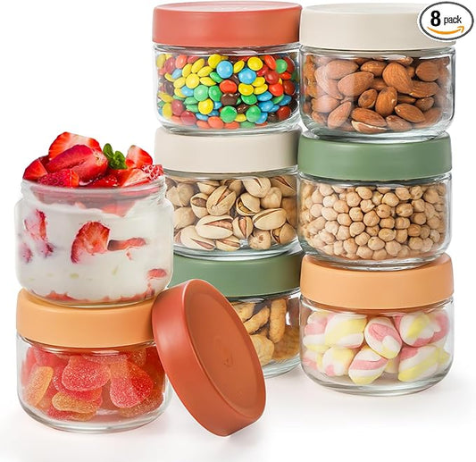 8 Pack Glass Jar with Airtight Lid, 10 oz Overnight Oats Container, Clear Food Yogurt Container to Go, Leak Proof Glass Candy Canning Jars for Food Prep, Spice, Snacks, Jam, Beans, Kitchen