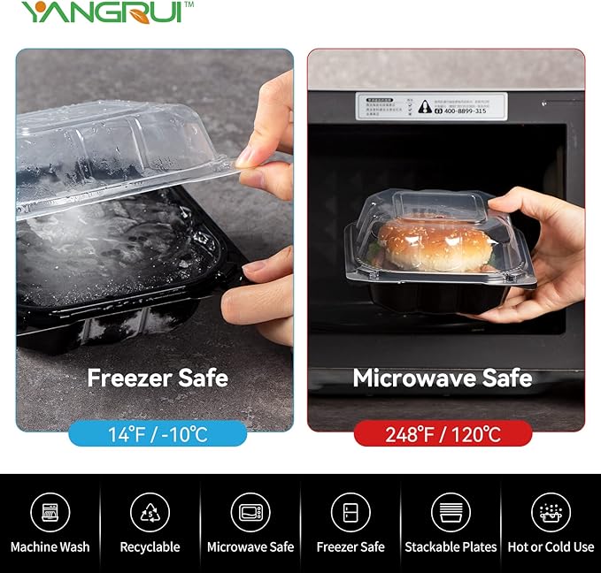 YANGRUI Clamshell Take Out Containers, Reusable Anti-Fog Shrink Wrap 55 Pack 6 x 6 Inch 15 oz Meal Prep Container BPA Free Microwave Freezer Safe Plastic Hinged To Go Containers