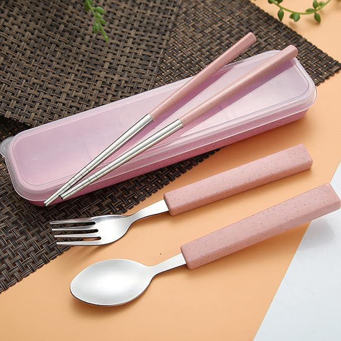 VANRA 3-Piece Children Utensils Set 18/8 Stainless Steel Child Flatware Set Silverware Spoon Fork Chopstick Set with Travel Case for Kids Lunch Box