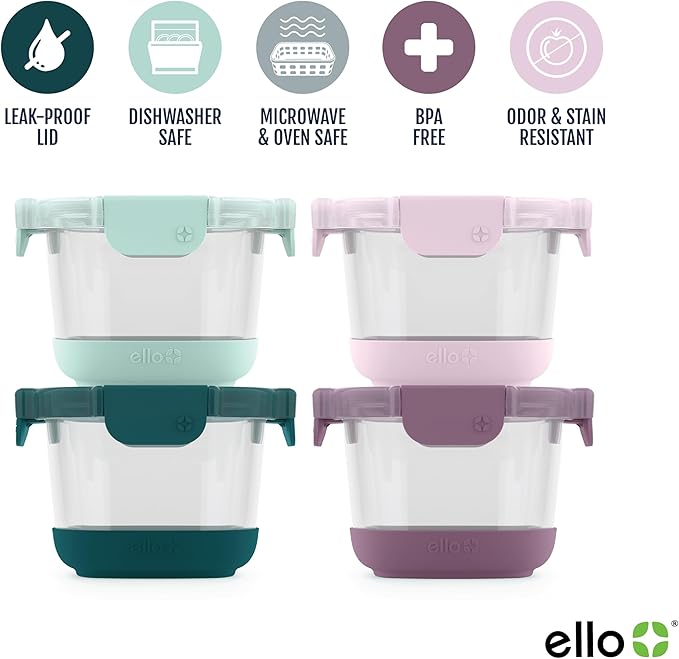 Ello Duraglass Refresh 4-Pack 2 Cup Reusable Glass Container Jar with Leak Proof Lids and Protective Silicone Sleeves | Perfect for Overnight Oats, Yogurt | BPA-Free | Dishwasher Safe | Garden Goals