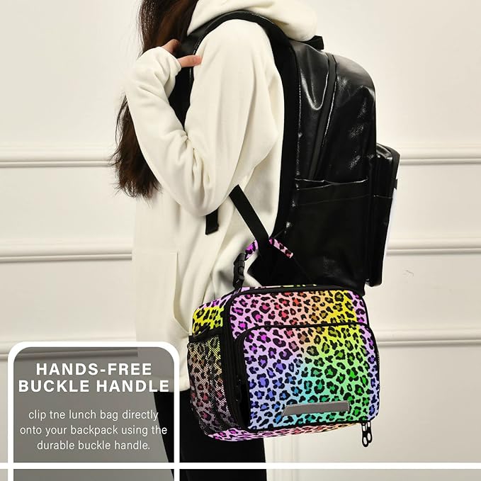 Pfrewn Lunch Box for Kids School Students Multicolor Leopard Rainbow Gradient Insulated Lunch Bag with Shoulder Strap for Office Adults Reusable Cooler Bags Lunch Tote for Girls Boys Teens