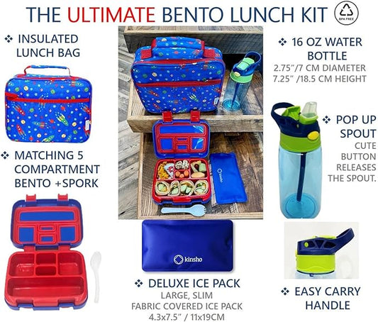 kinsho Bento Lunch Box, Water Bottle, Ice Pack Set for Kids Toddlers, 5 Portion Sections, Removable Plastic Tray, Pre-School Kid Toddler Daycare Lunches, Snack Container, Blue Space Rocket