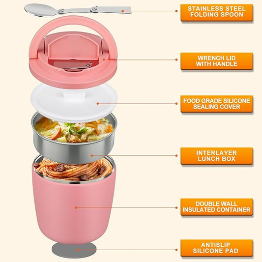 MAXSO Lunch Container 40 oz for Adults Stainless Steel Vacuum Insulated Food Jar, Soup Thermo for Hot Food Thermal Bento Box, Wide Mouth Leakproof Buckle Lid with Spoon - Pink