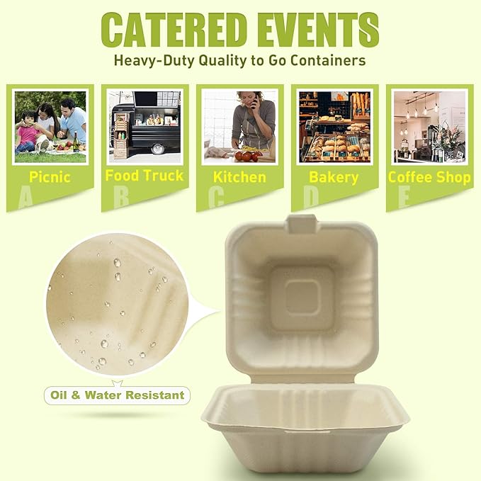 Green Earth, 6-inch, 125-Count, Ribbed Hamburger Compostable Clamshell, BAM Ware (Bamboo Fiber), Take-Out/to-Go Food Boxes - Biodegradable Containers, Hinged Lid Microwave-Safe Gluten-Free
