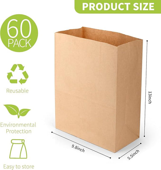 16 Lb Brown Kraft Paper Bags 60 Pcs Bulk, 9.8" x 5.5" x 13" Heavy Duty Paper Grocery Bags paper Lunch Bag Sandwich Bag for Large Snacks, Bakery, Household, Shopping and Restaurant, Takeout