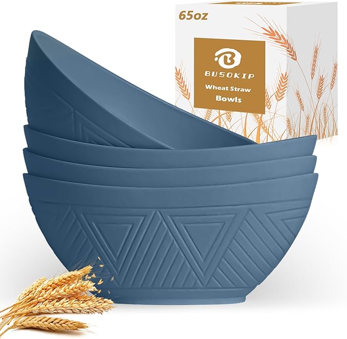 65 OZ Wheta Straw Bowls Set - Unbreakable Large Salad Bowl 4 PCS, Large Capacity Kitchen Bowls Microwave & Dishwasher Safe Serving Bowl for Salad, Popcorn, Chip (Blue)