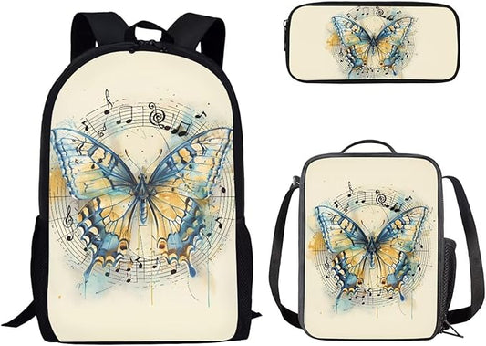 Dolyues Vintage Butterfly 3-Piece Girls Backpack Set - Cute 17-Inch School Backpack with Lunch Box & Zipper Pencil Case or Students & Outdoor Adventures