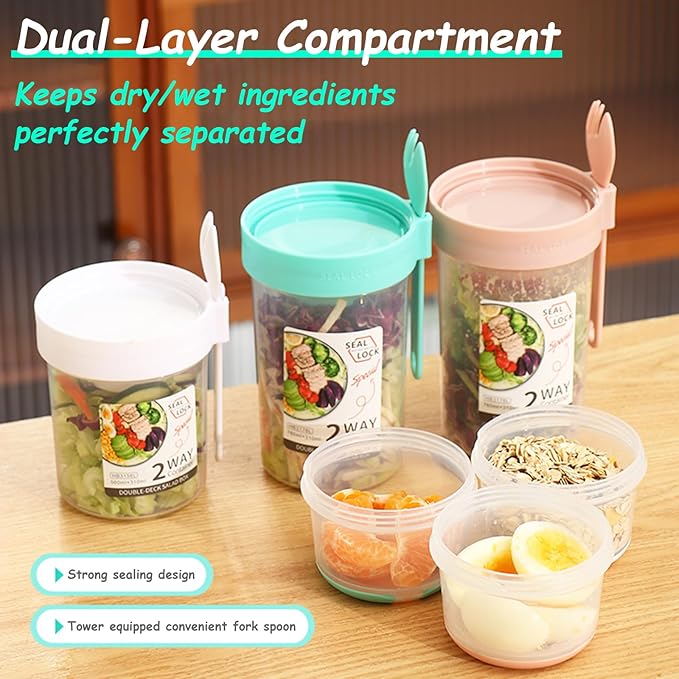 2 Pack Reusable Leak-Proof Overnight Oats Container with Dual-Layer Compartment, Built-in Dipping Box, with Spoon & Airtight Lids, Meal Prep Jar for Yogurt Parfait, Chia Pudding (Green)