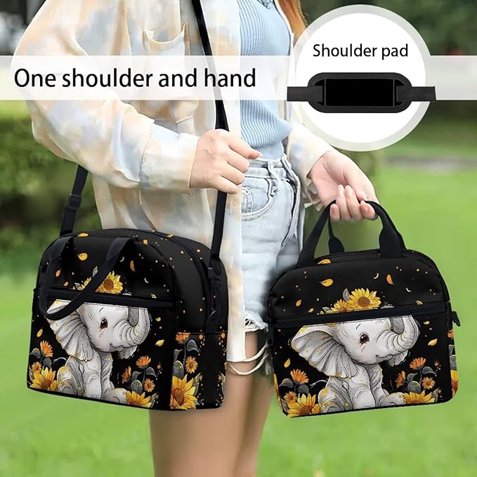 Showudesigns Sunflower Elephant Lunch Box for Girls Kids Insulated Lunch Bag Reusable Shopping Bag Keep Food Cold and Warm Crossbody Tote Bags Cute Lunchbox Travel Picnic Organizers