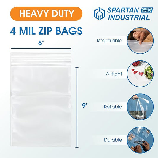 Spartan Industrial - 6” X 9” (1000 Count) Thick Durable Quart Clear Reclosable Zip Plastic Poly Bags with Resealable Lock Seal Zipper - 4 Mil